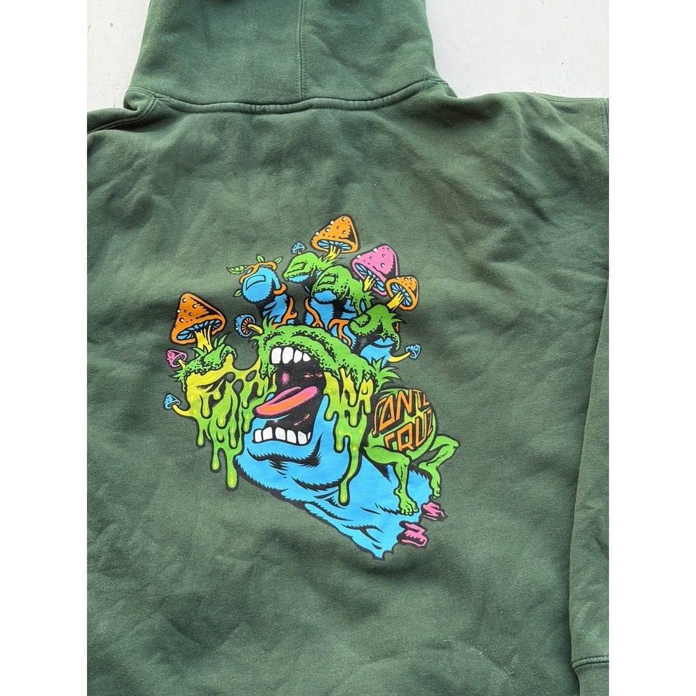Men's Santa Cruz Hoodie Sweatshirt Green Spell-Out L Pocket Beach Surf Art Comic